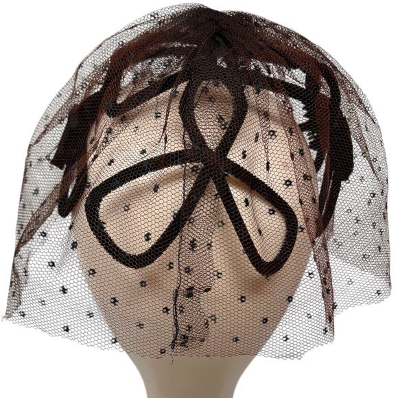 Vintage 1950s Veiled Black Cocktail Hat Fascinator Brown Net Bow Millinery main image 7